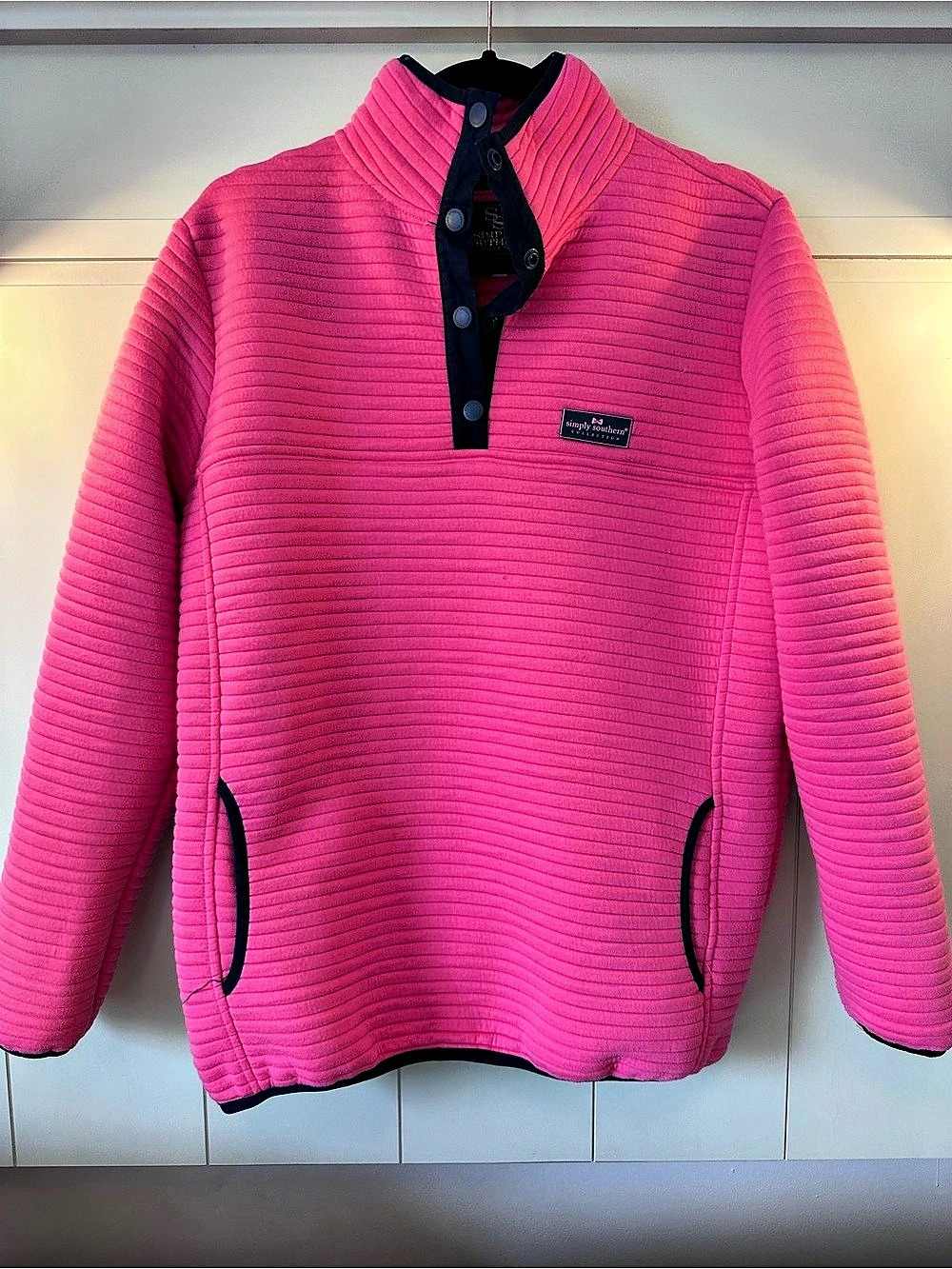 Simply Southern Ribbed Snap Pullover Pink Cowl Neck Medium